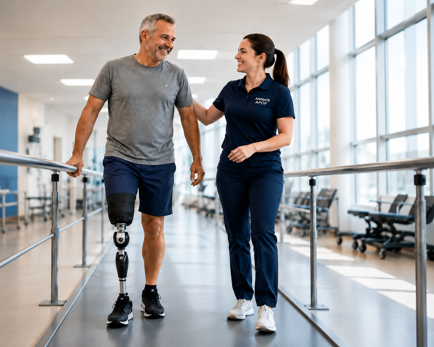 Patient walking with prosthetic leg and healthcare professional